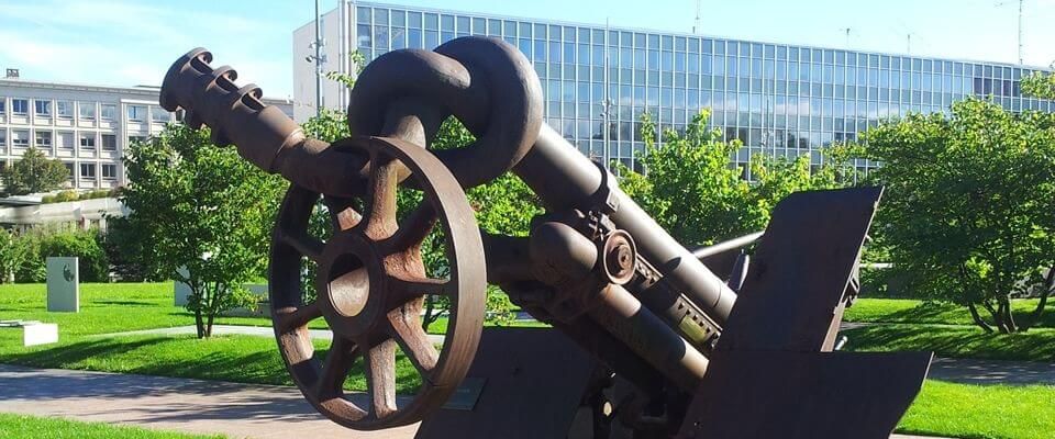Twisted Gun Monument at United Nations Palace-de-Nations plaza grounds Geneva Switzerland